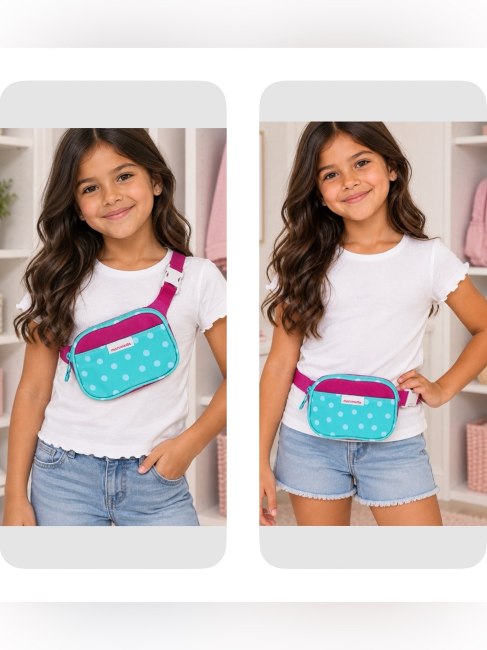 Youth Marometta fanny pack waist belt bag turquoise magenta white dot adjustable